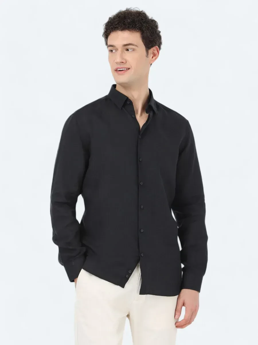 Siyah Regular Fit Dokuma Casual %100 Keten Gömlek - 2