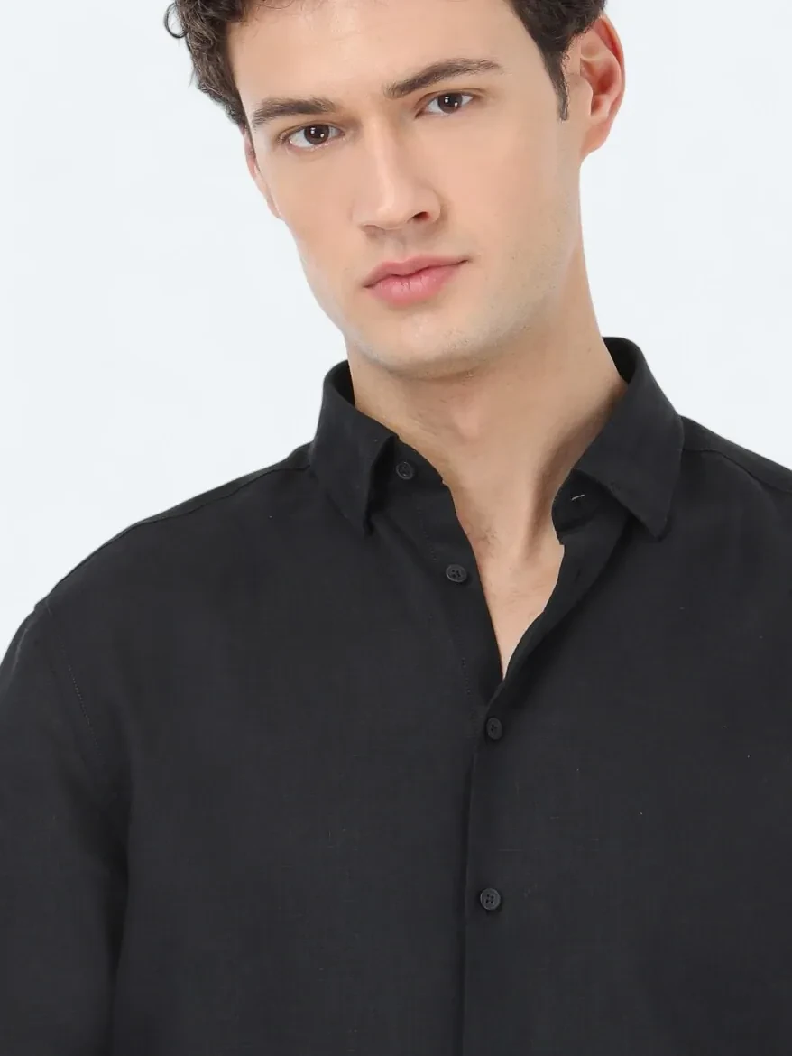 Siyah Regular Fit Dokuma Casual %100 Keten Gömlek - 3