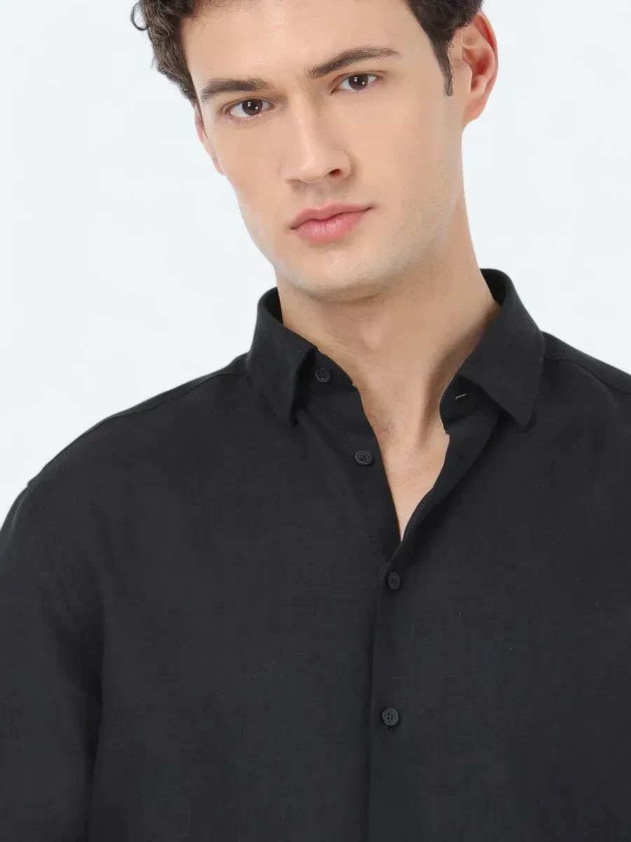Siyah Regular Fit Dokuma Casual %100 Keten Gömlek - 3