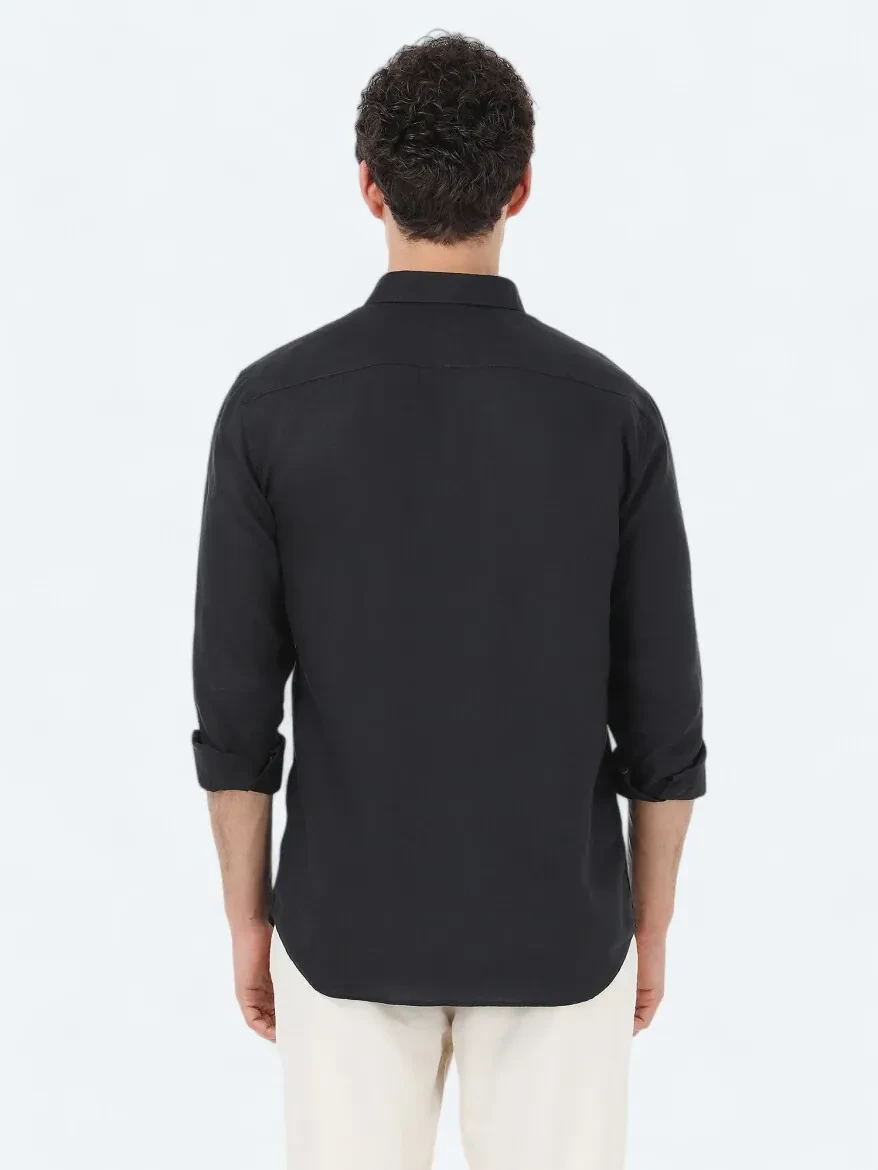 Siyah Regular Fit Dokuma Casual %100 Keten Gömlek - 4