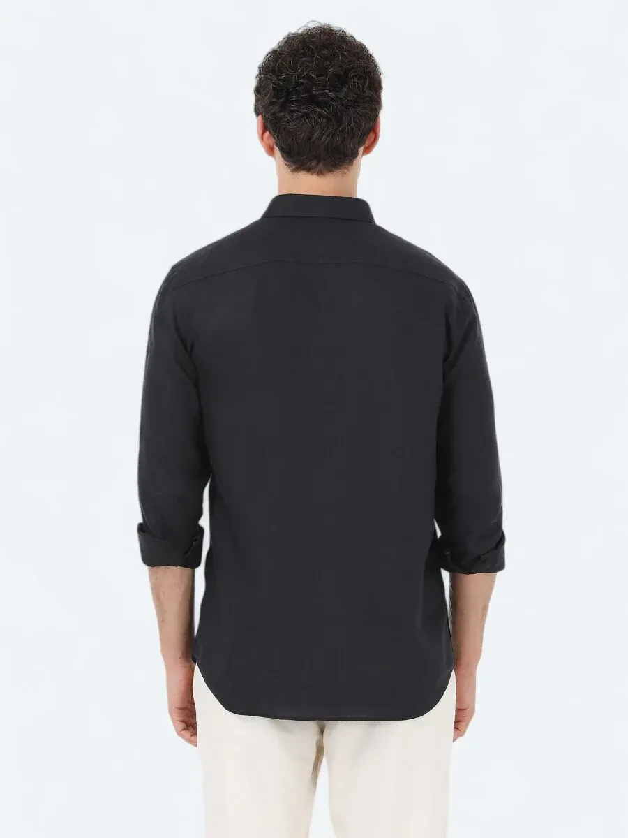 Siyah Regular Fit Dokuma Casual %100 Keten Gömlek - 4