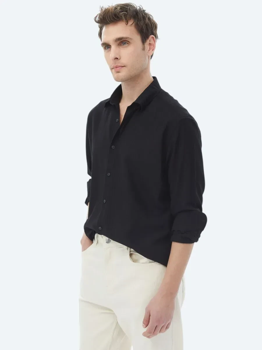 Siyah Regular Fit Dokuma Casual Gömlek - 3