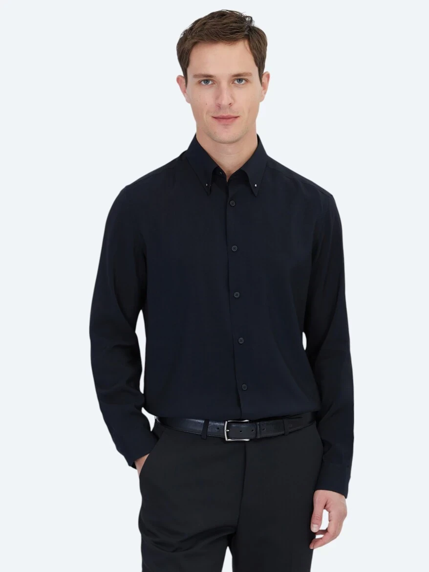 Siyah Regular Fit Dokuma Casual Gömlek - 1