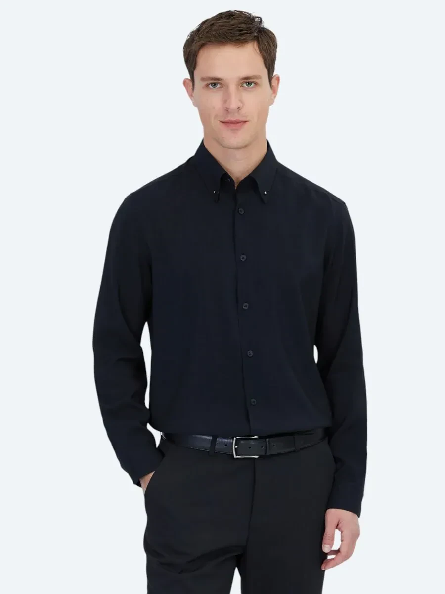 Siyah Regular Fit Dokuma Casual Gömlek - 1