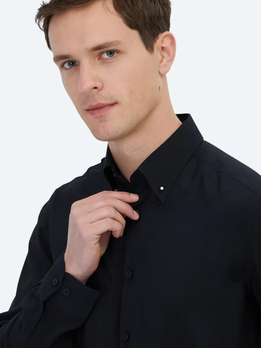 Siyah Regular Fit Dokuma Casual Gömlek - 3