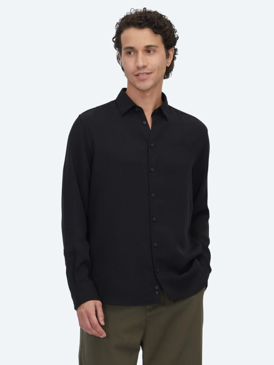 Siyah Regular Fit Dokuma Casual Gömlek - 1