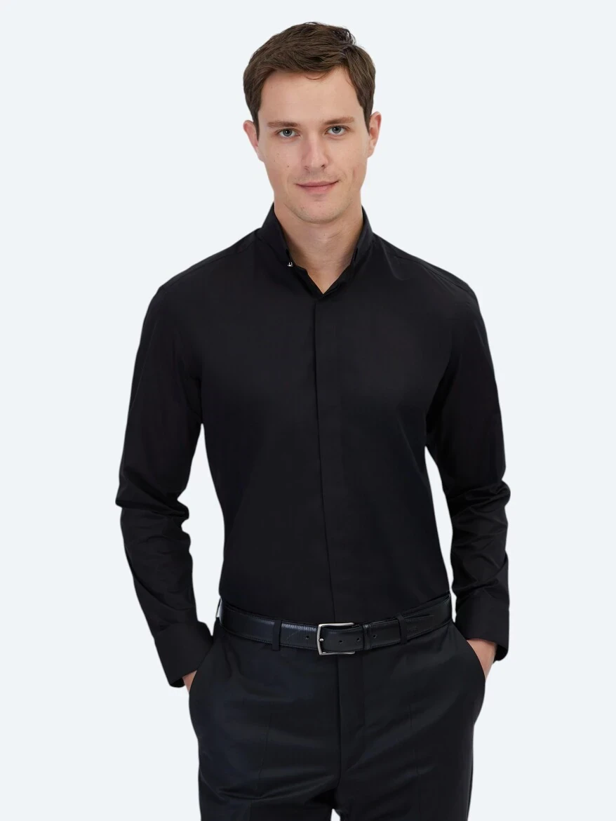 Siyah Regular Fit Dokuma Klasik %100 Pamuk Gömlek - 1