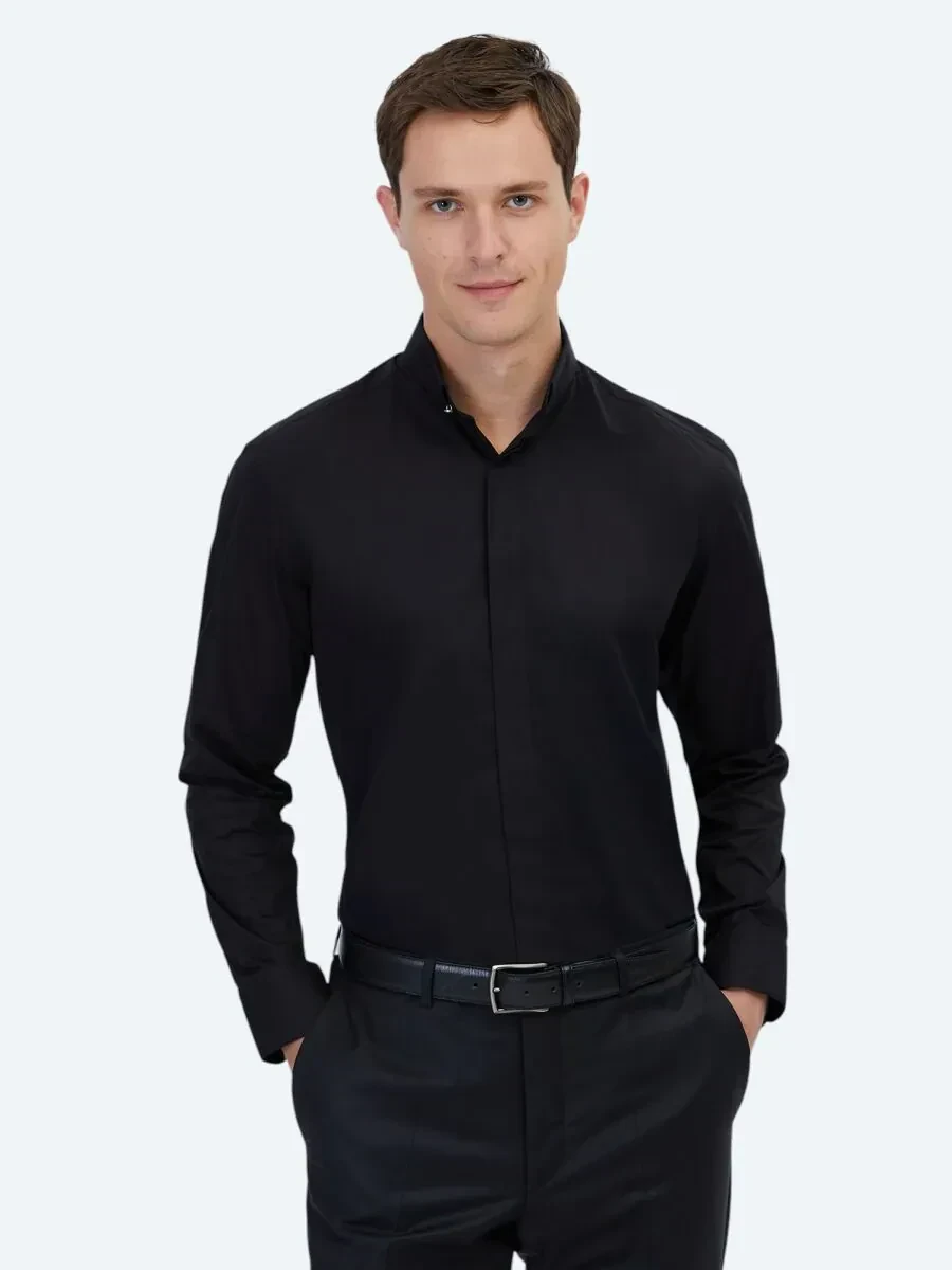 Siyah Regular Fit Dokuma Klasik %100 Pamuk Gömlek - 1