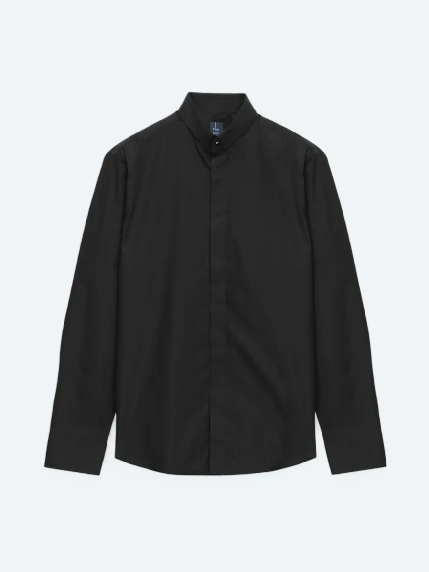 Siyah Regular Fit Dokuma Klasik %100 Pamuk Gömlek - 6