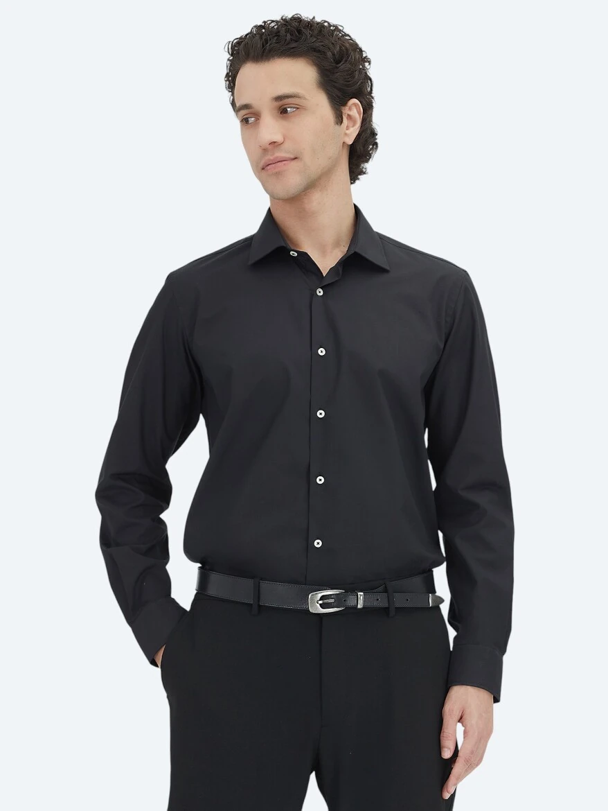 Siyah Regular Fit Dokuma Klasik Pamuk Karışımlı Gömlek - KİP