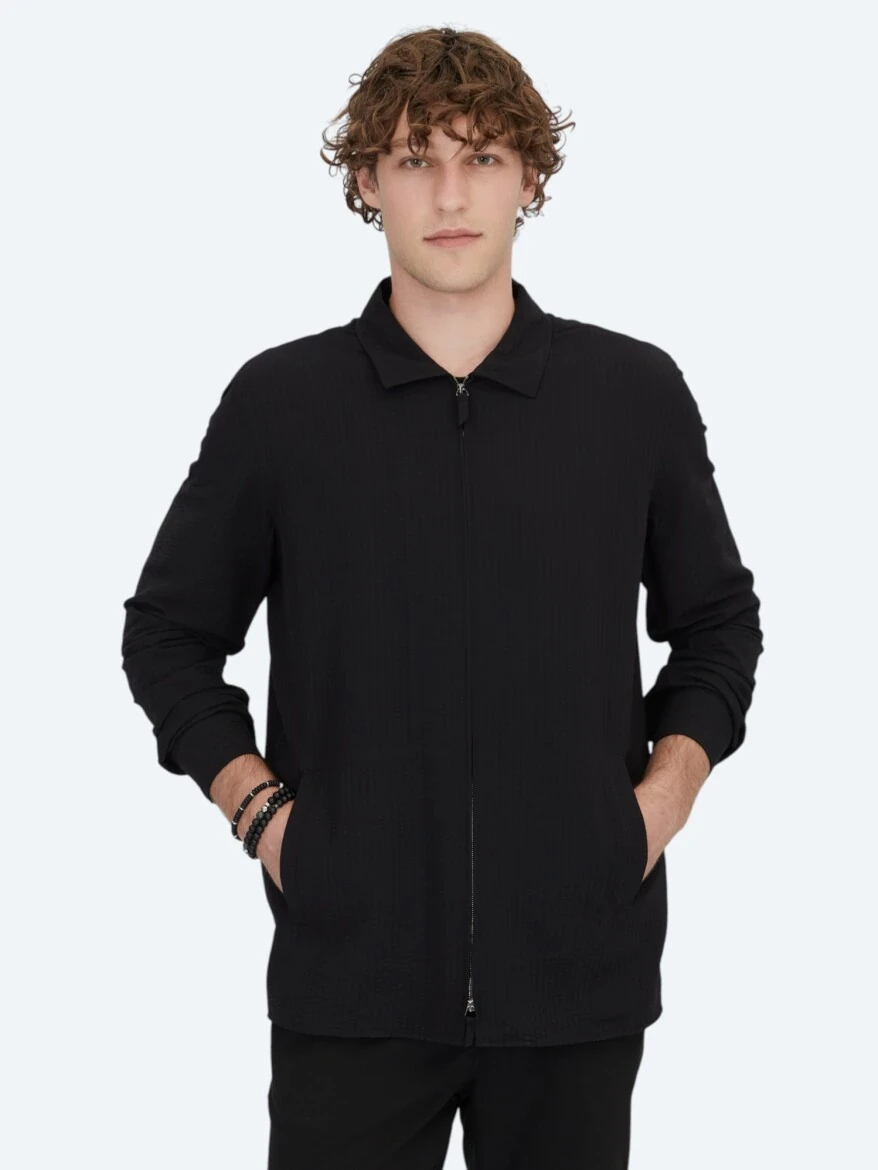 Siyah Regular Fit Dokuma Overshırt - 1