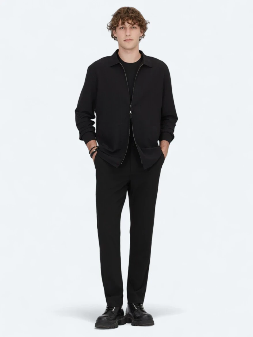 Siyah Regular Fit Dokuma Overshırt - 2