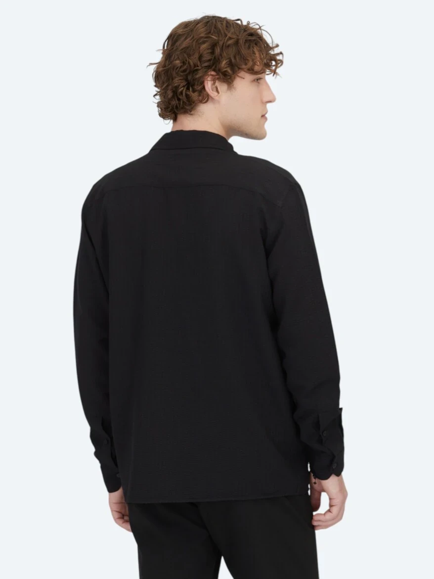 Siyah Regular Fit Dokuma Overshırt - 5