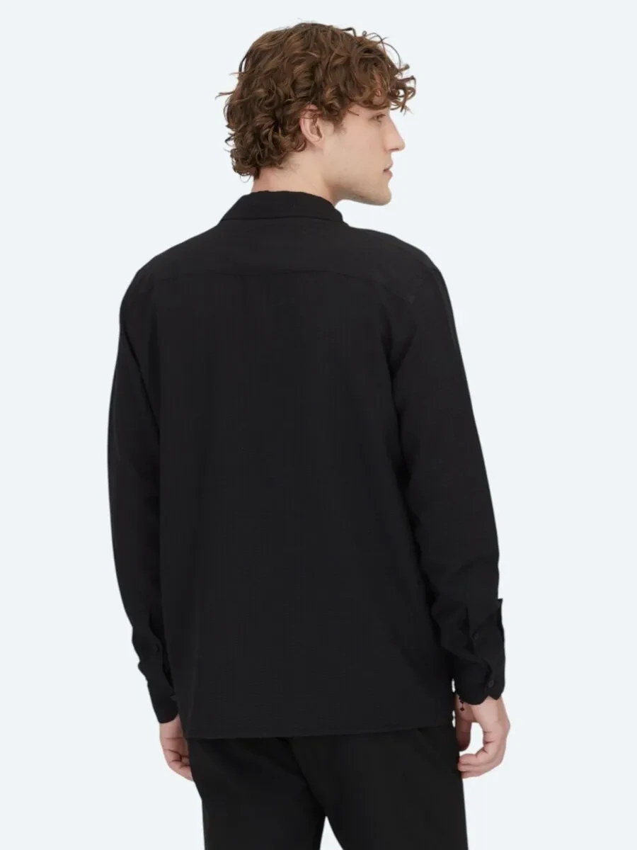 Siyah Regular Fit Dokuma Overshırt - 5