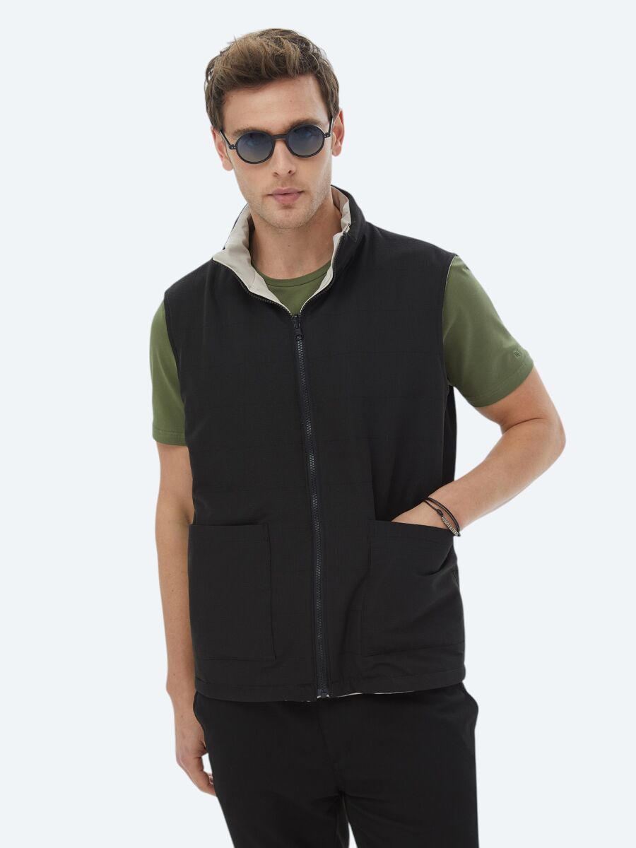 Siyah Regular Fit Gizli Kapüşon Casual Dokuma Çift Taraflı Spor Yelek - 1