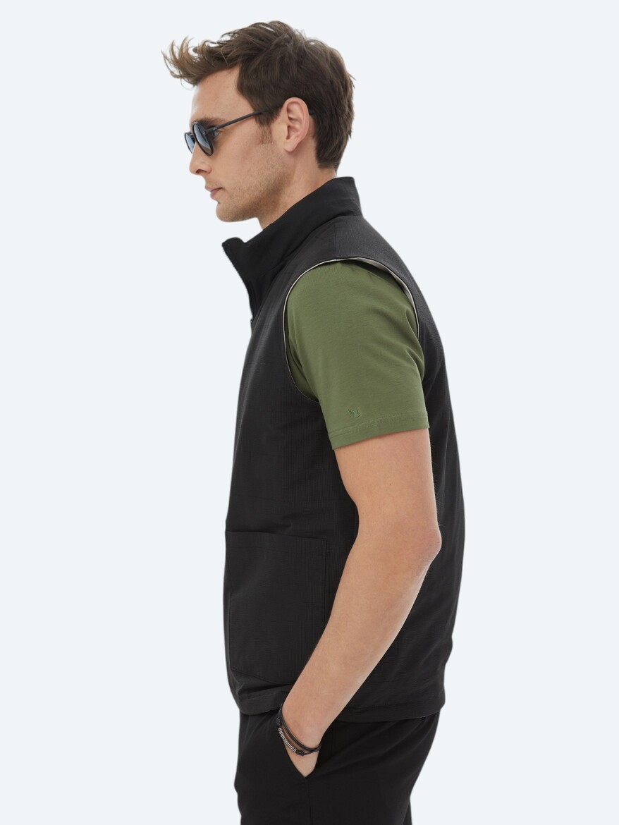 Siyah Regular Fit Gizli Kapüşon Casual Dokuma Çift Taraflı Spor Yelek - 7