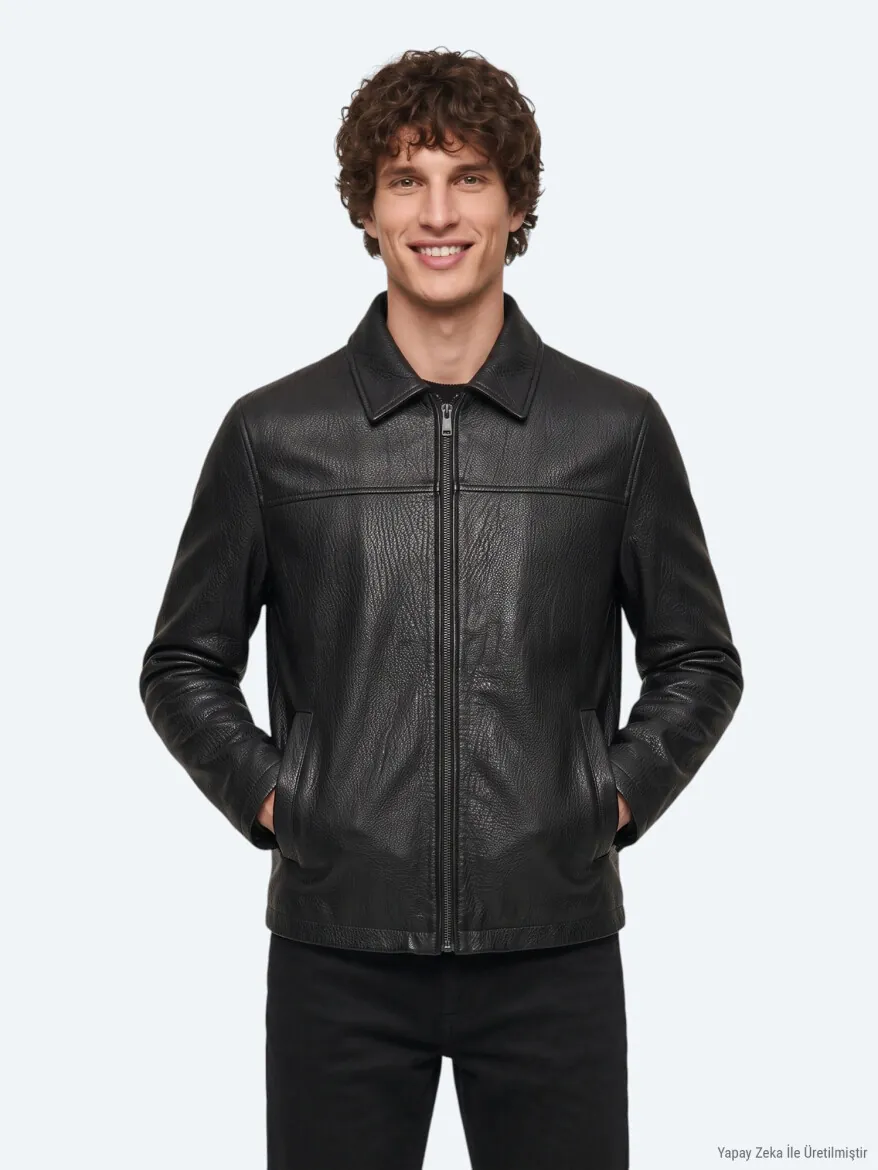 Siyah Regular Fit Gömlek Yaka Casual Deri Deri Mont - 3