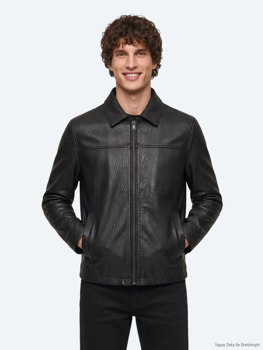Siyah Regular Fit Gömlek Yaka Casual Deri Deri Mont - 3