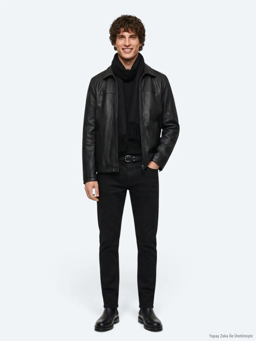 Siyah Regular Fit Gömlek Yaka Casual Deri Deri Mont - 4