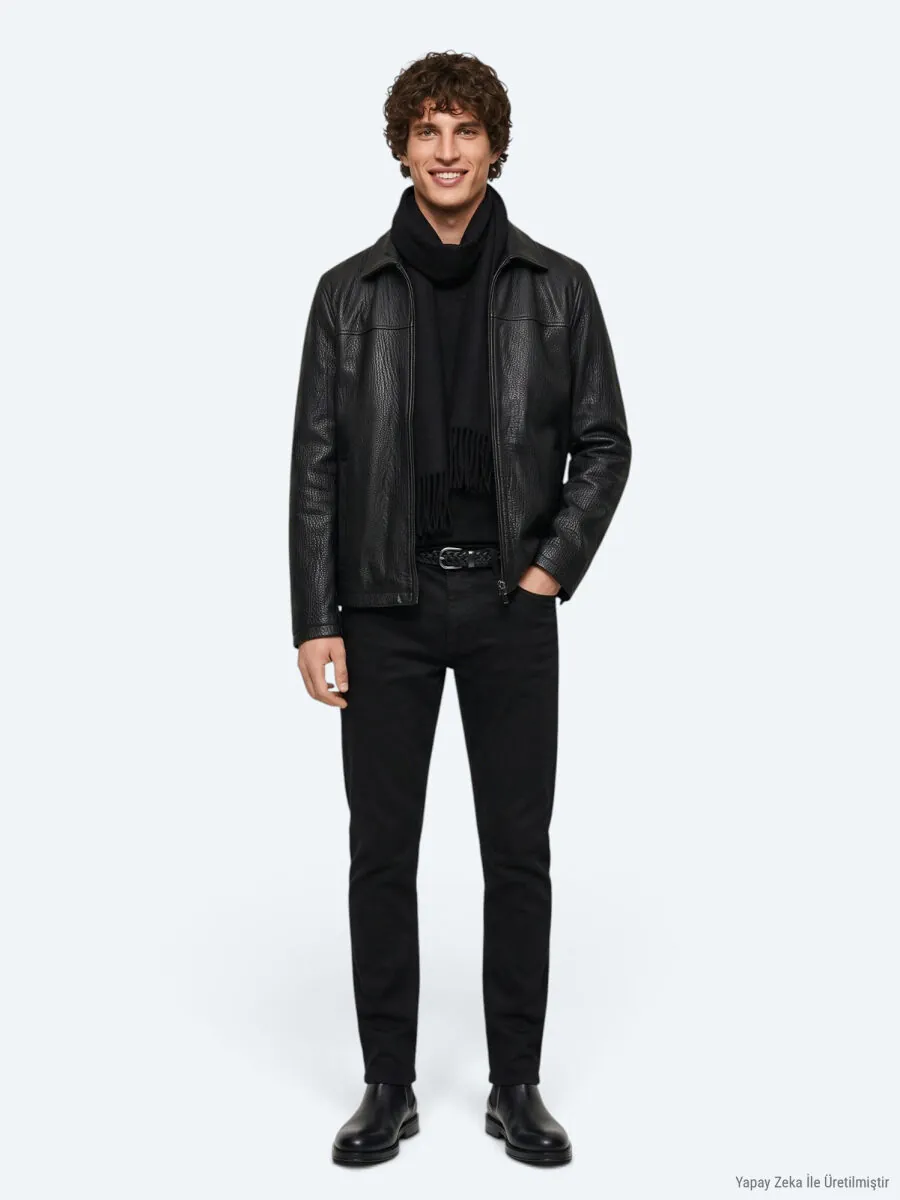 Siyah Regular Fit Gömlek Yaka Casual Deri Deri Mont - 4