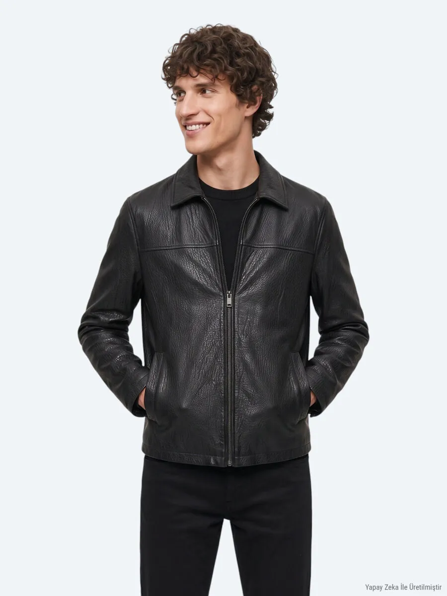Siyah Regular Fit Gömlek Yaka Casual Deri Deri Mont - 5