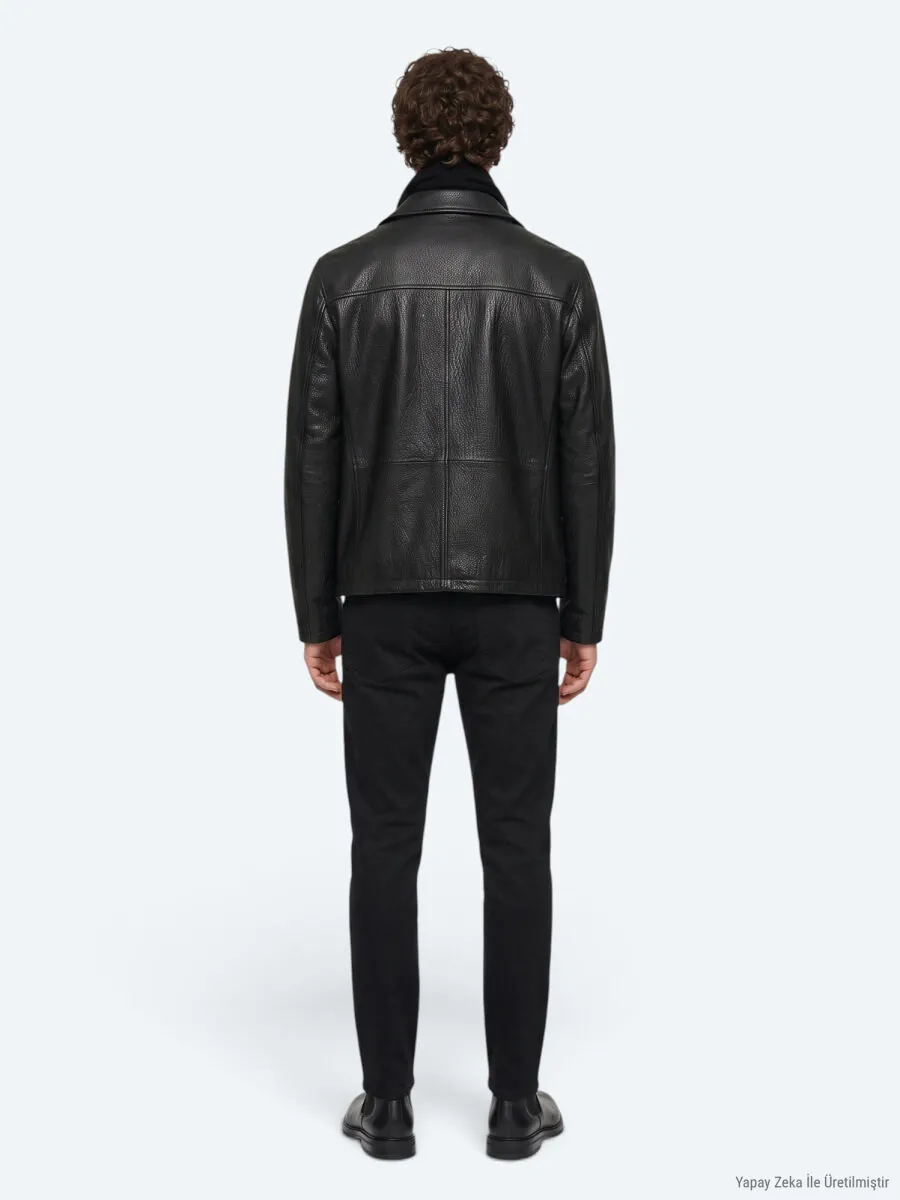 Siyah Regular Fit Gömlek Yaka Casual Deri Deri Mont - 6