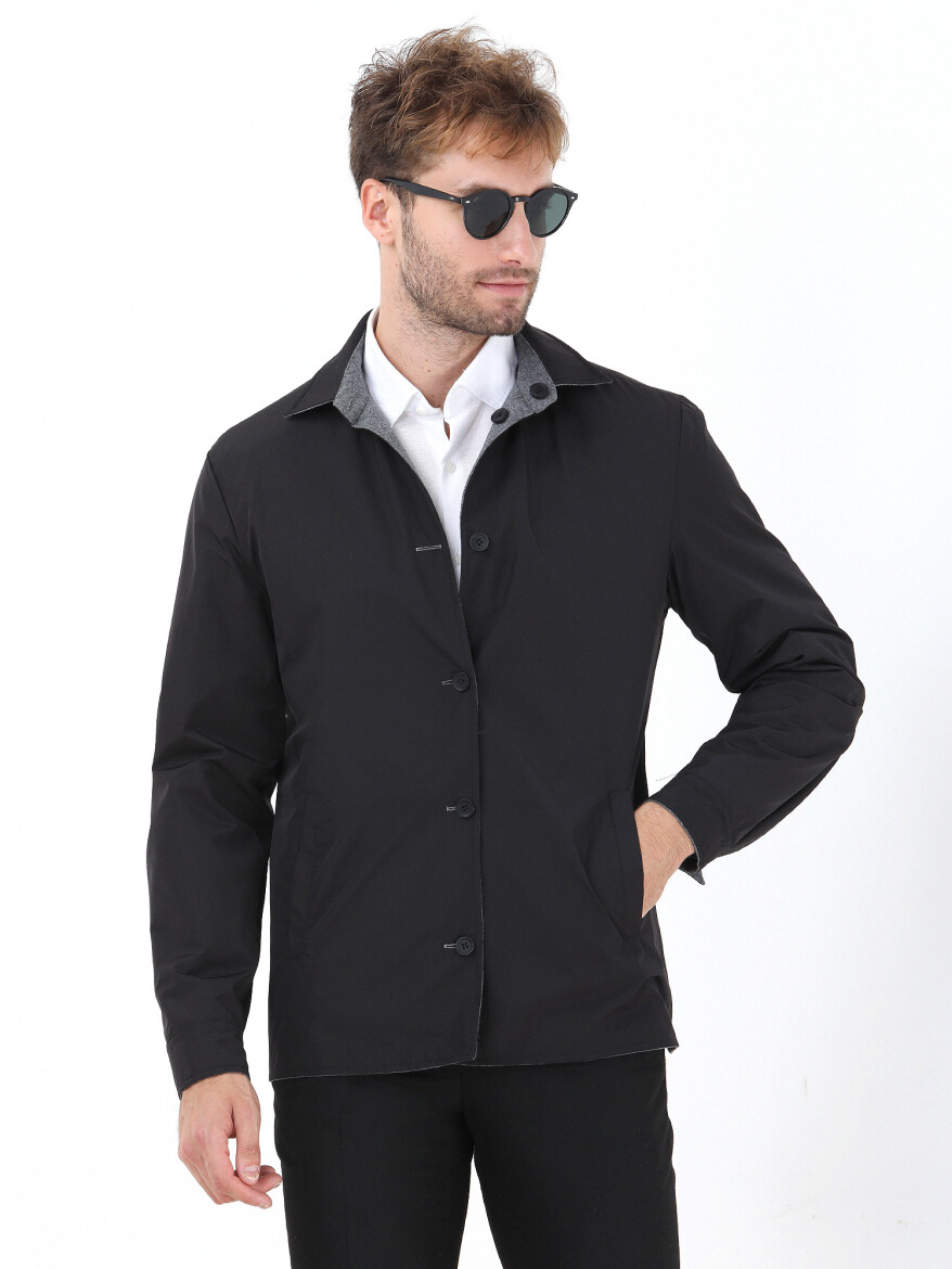Siyah Regular Fit Gömlek Yaka Casual Dokuma Çift Taraflı Mont - 2