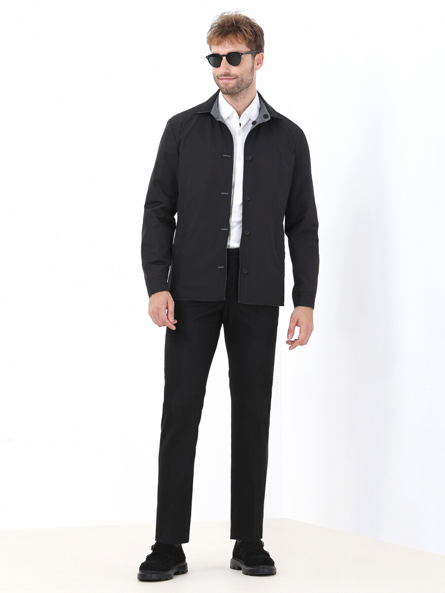 Siyah Regular Fit Gömlek Yaka Casual Dokuma Çift Taraflı Mont - 4