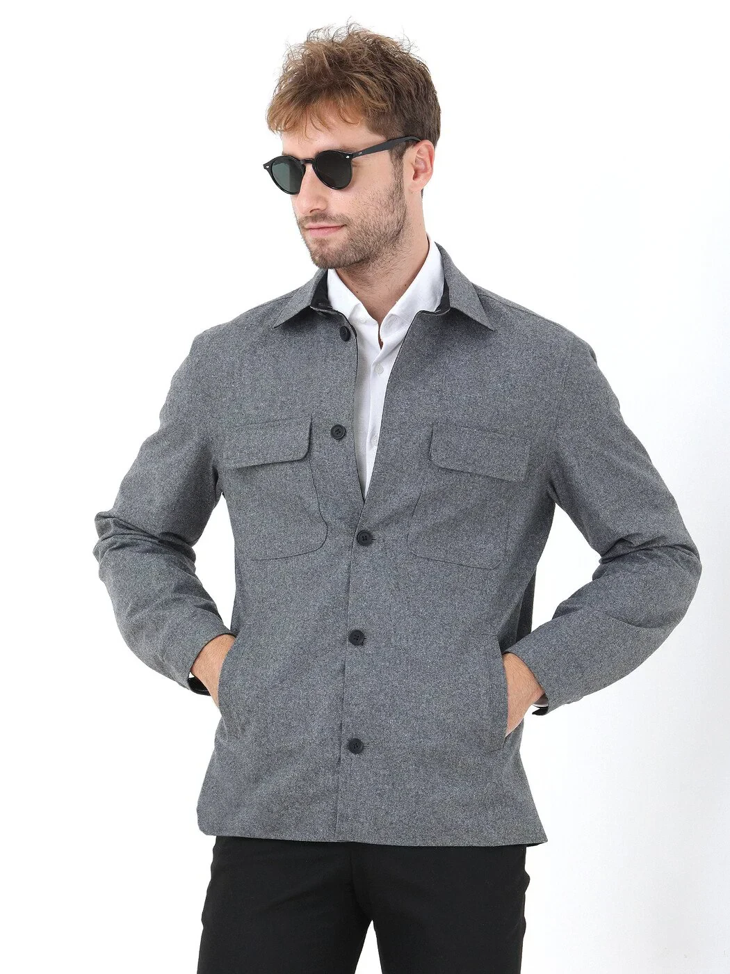 Siyah Regular Fit Gömlek Yaka Casual Dokuma Çift Taraflı Mont - 1