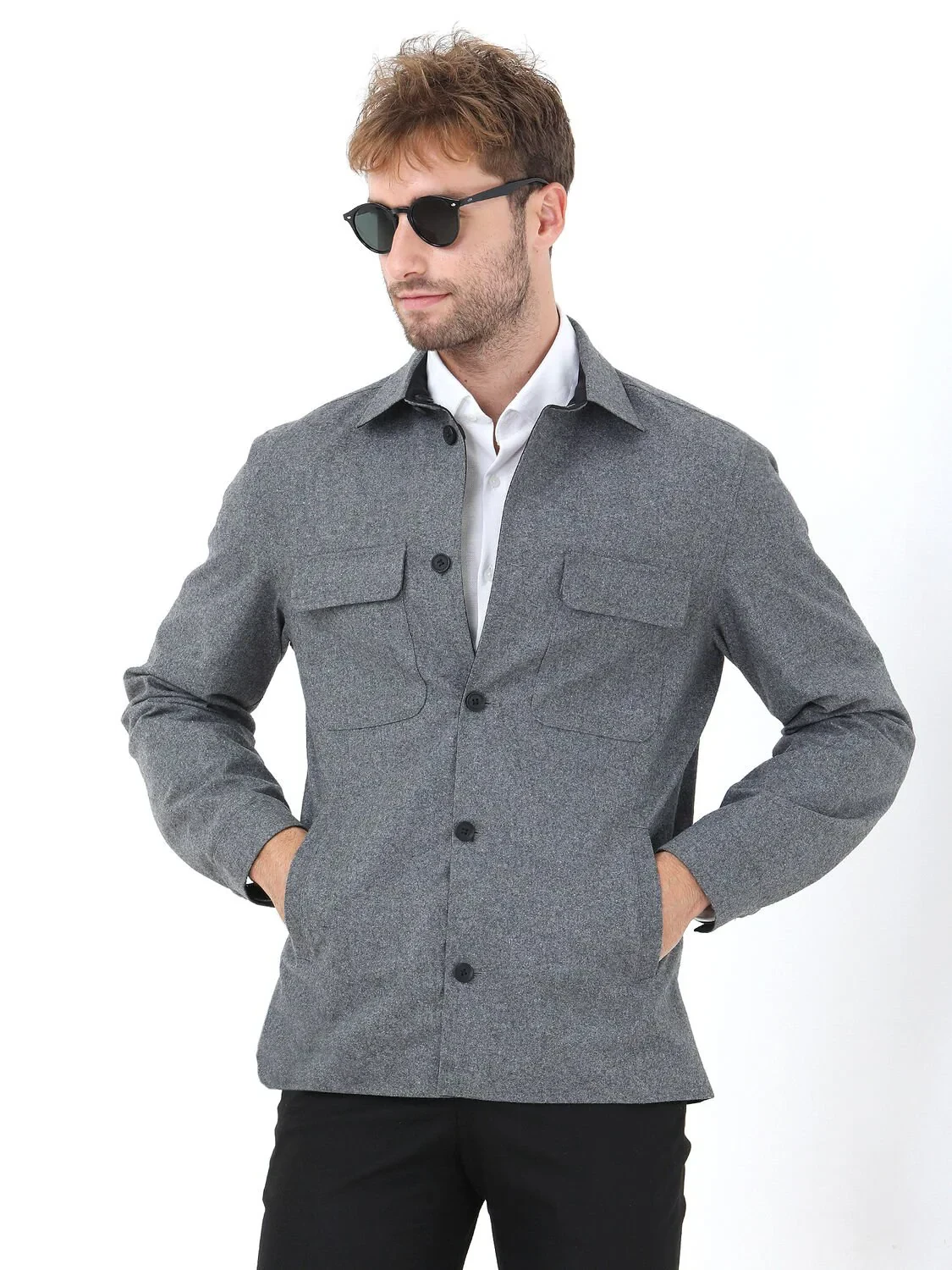 Siyah Regular Fit Gömlek Yaka Casual Dokuma Çift Taraflı Mont - 1