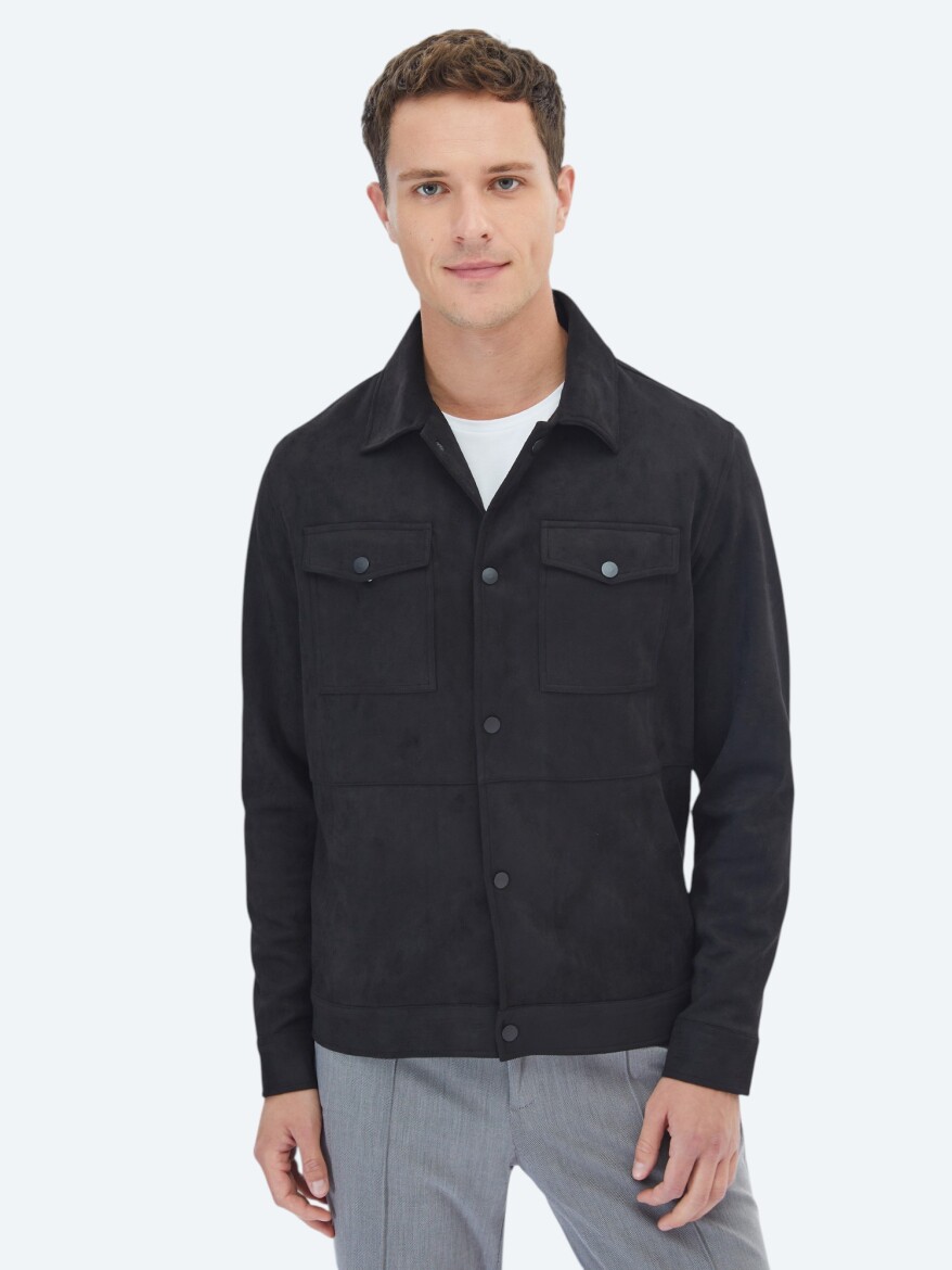 Siyah Regular Fit Gömlek Yaka Casual Dokuma Mont - 1