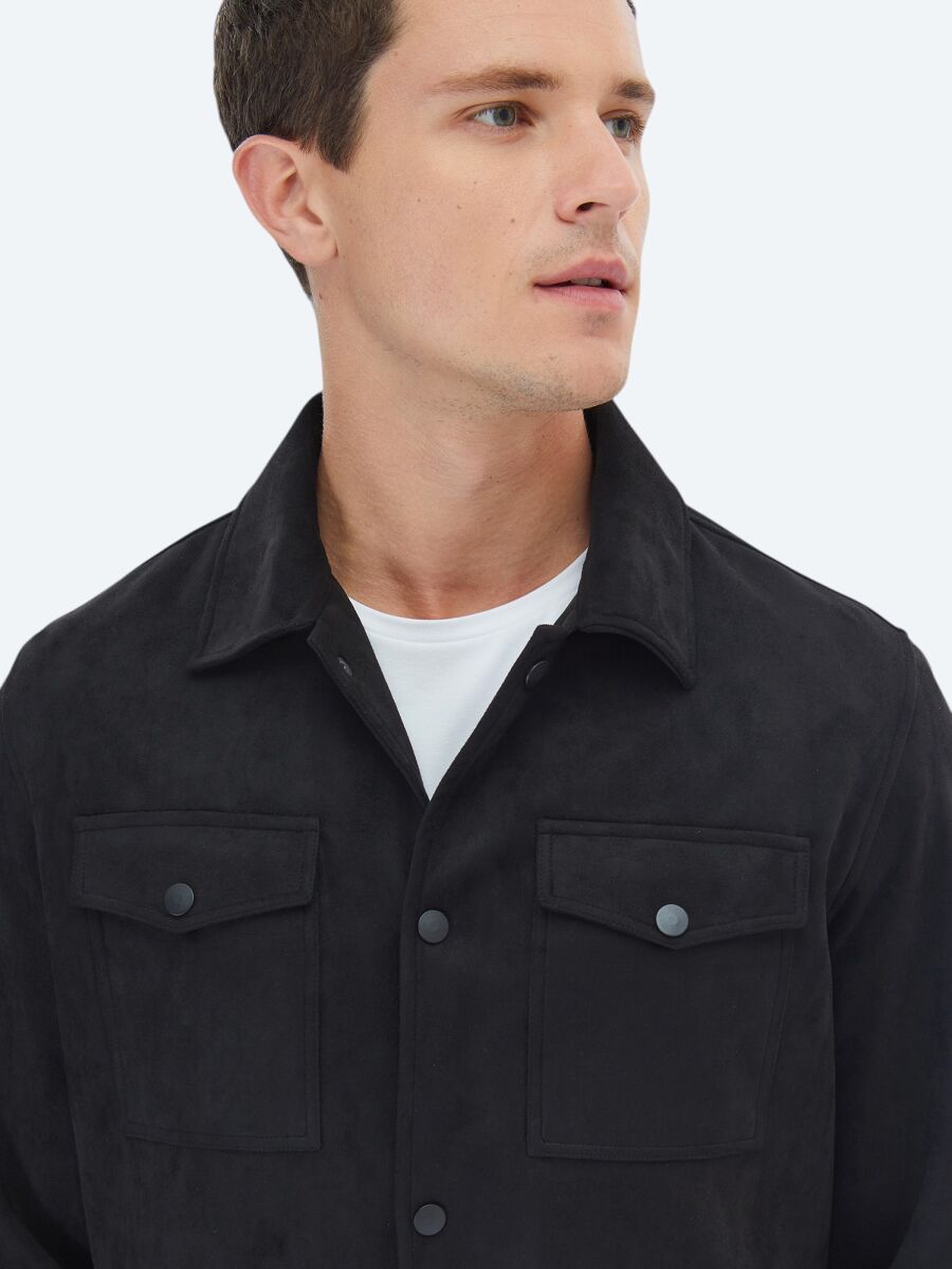 Siyah Regular Fit Gömlek Yaka Casual Dokuma Mont - 3