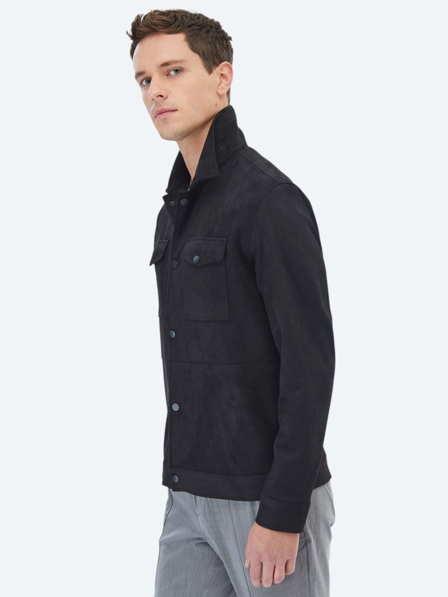 Siyah Regular Fit Gömlek Yaka Casual Dokuma Mont - 4