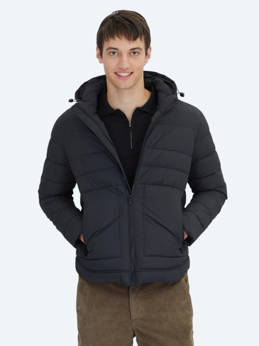 Siyah Regular Fit Gömlek Yaka Casual Dokuma Mont - 1