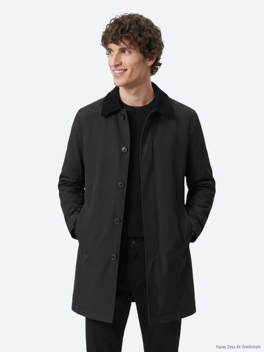 Siyah Regular Fit Gömlek Yaka Casual Dokuma Pardösü - 5