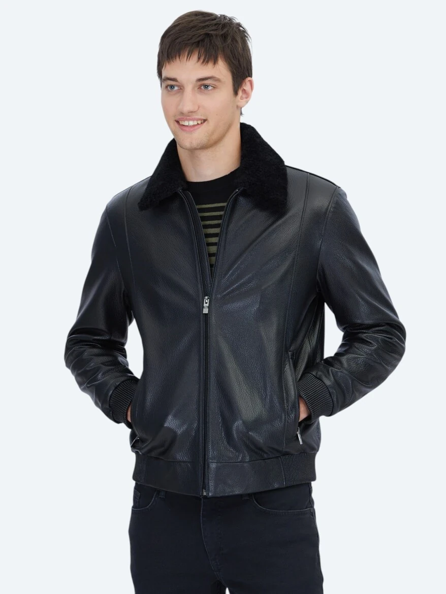 Siyah Regular Fit Gömlek Yaka Casual Koyun Derisi Deri Mont - 1