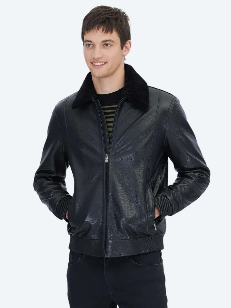 Siyah Regular Fit Gömlek Yaka Casual Koyun Derisi Deri Mont - 1