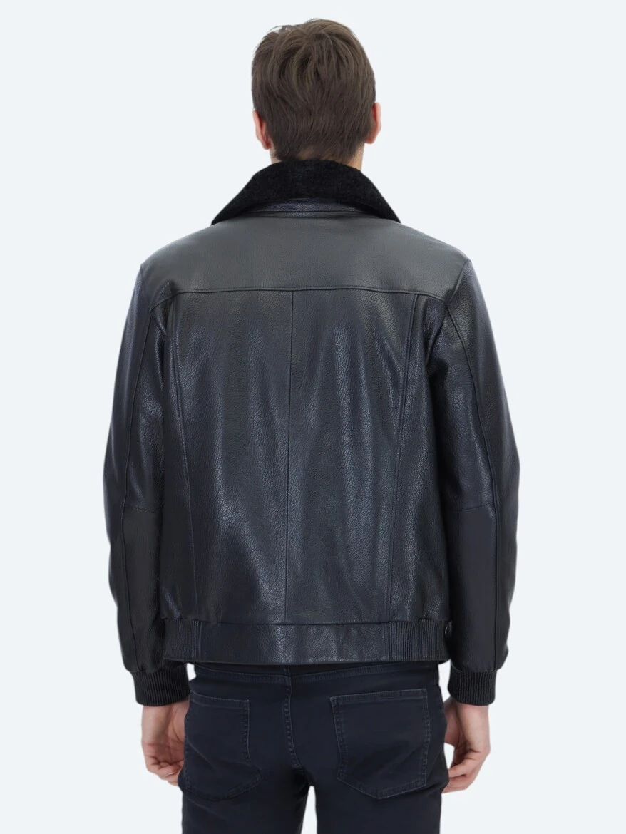Siyah Regular Fit Gömlek Yaka Casual Koyun Derisi Deri Mont - 6
