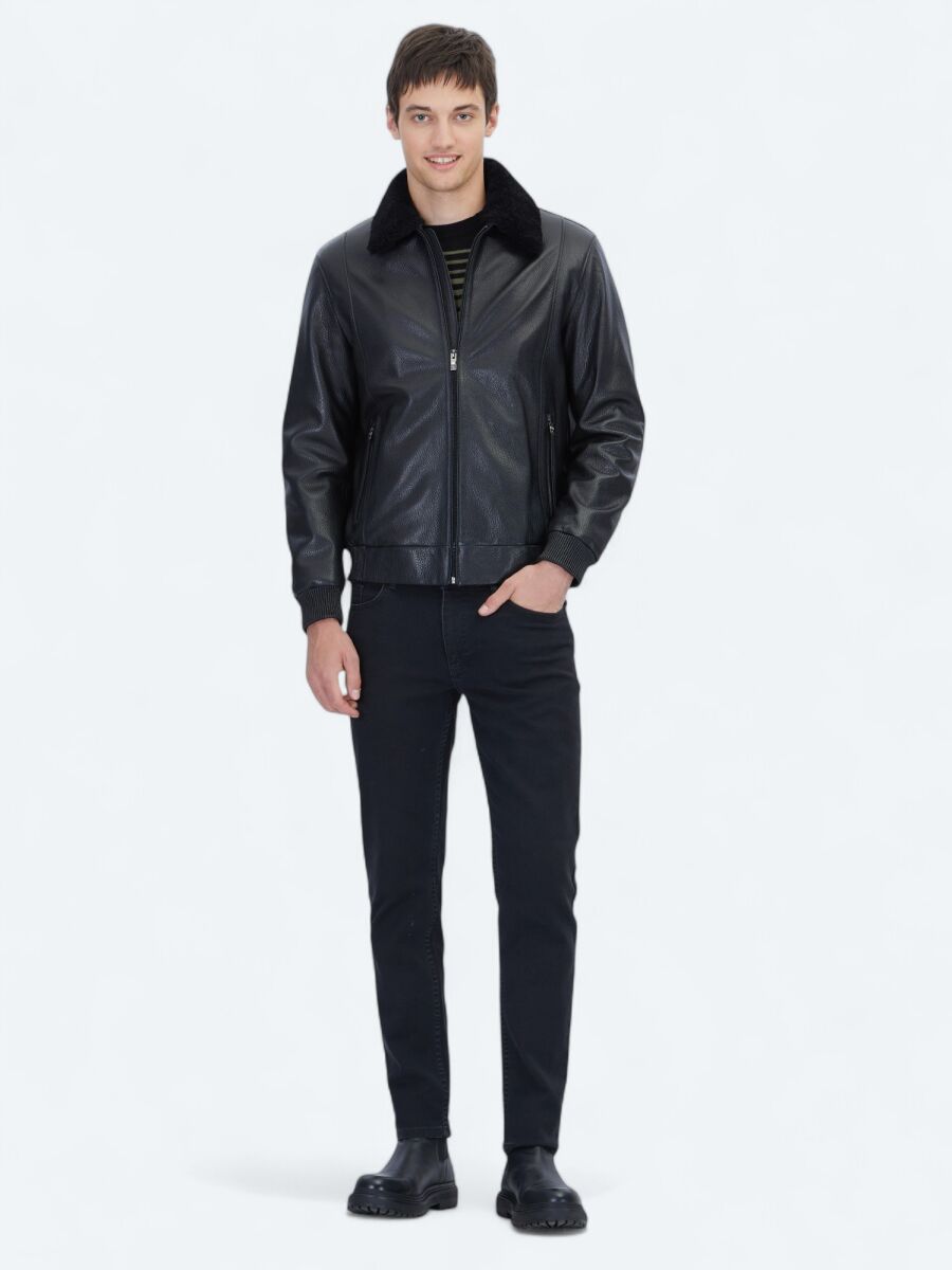 Siyah Regular Fit Gömlek Yaka Casual Koyun Derisi Deri Mont - 2