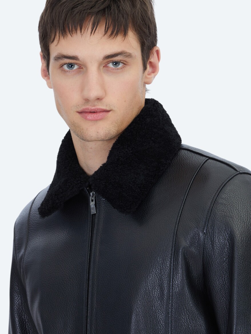 Siyah Regular Fit Gömlek Yaka Casual Koyun Derisi Deri Mont - 3