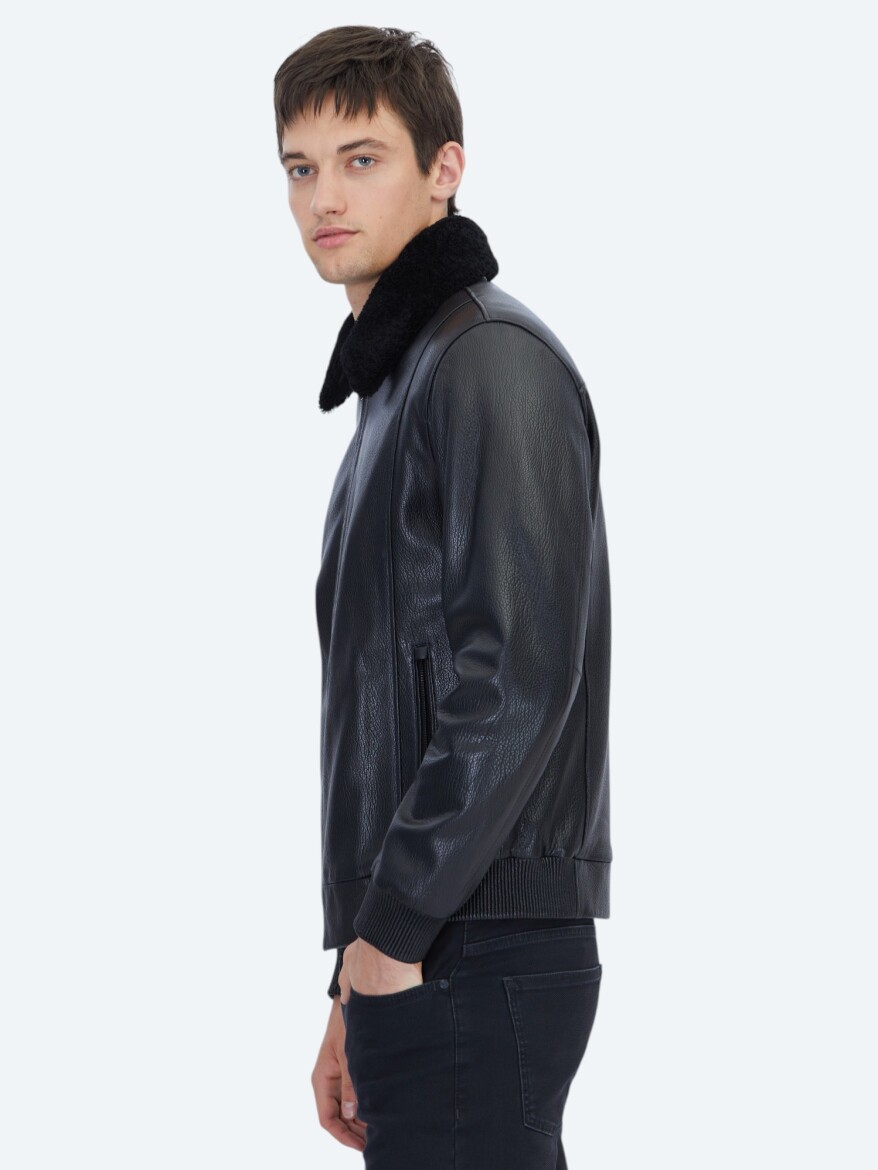 Siyah Regular Fit Gömlek Yaka Casual Koyun Derisi Deri Mont - 4