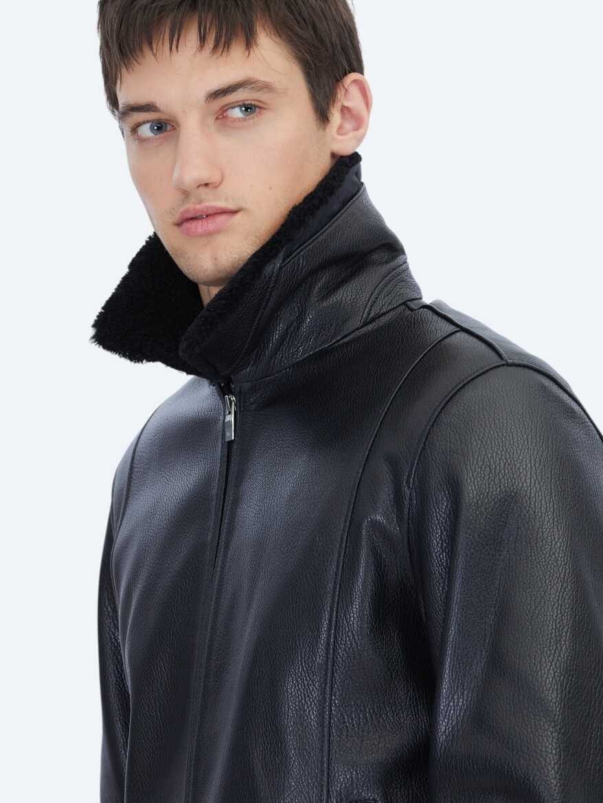 Siyah Regular Fit Gömlek Yaka Casual Koyun Derisi Deri Mont - 5