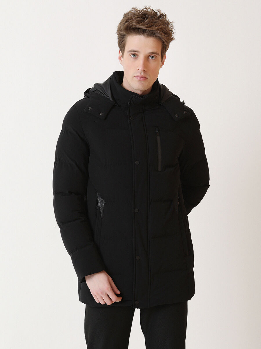 Siyah Regular Fit Kapüşonlu Casual Dokuma Kaban - 1