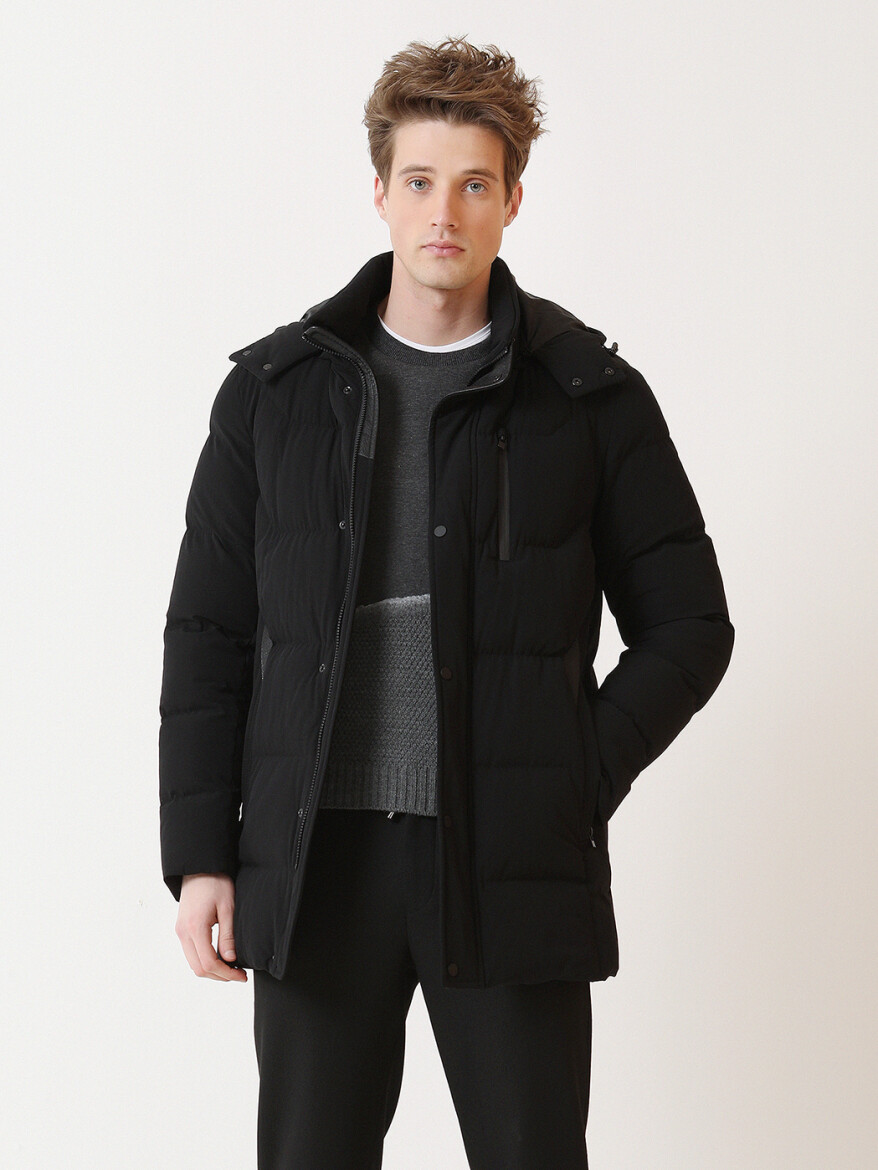 Siyah Regular Fit Kapüşonlu Casual Dokuma Kaban - 2