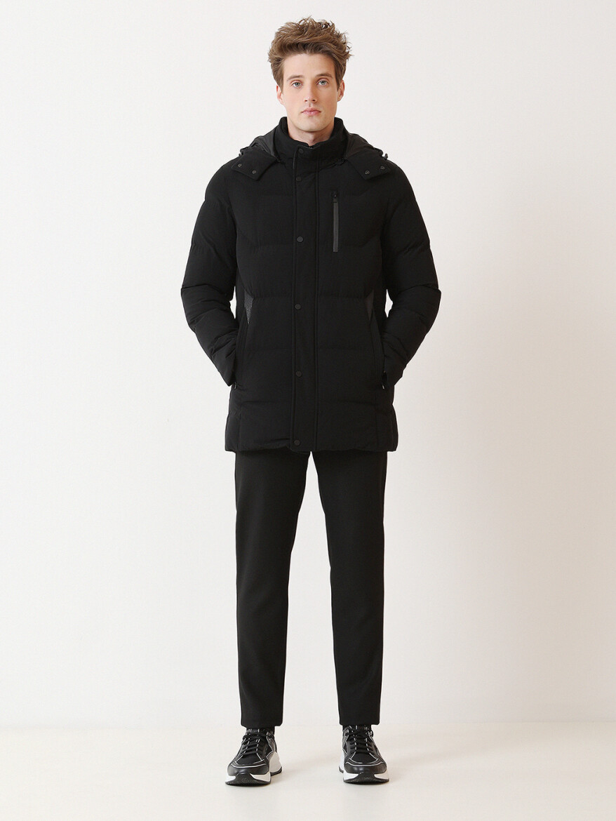 Siyah Regular Fit Kapüşonlu Casual Dokuma Kaban - 3