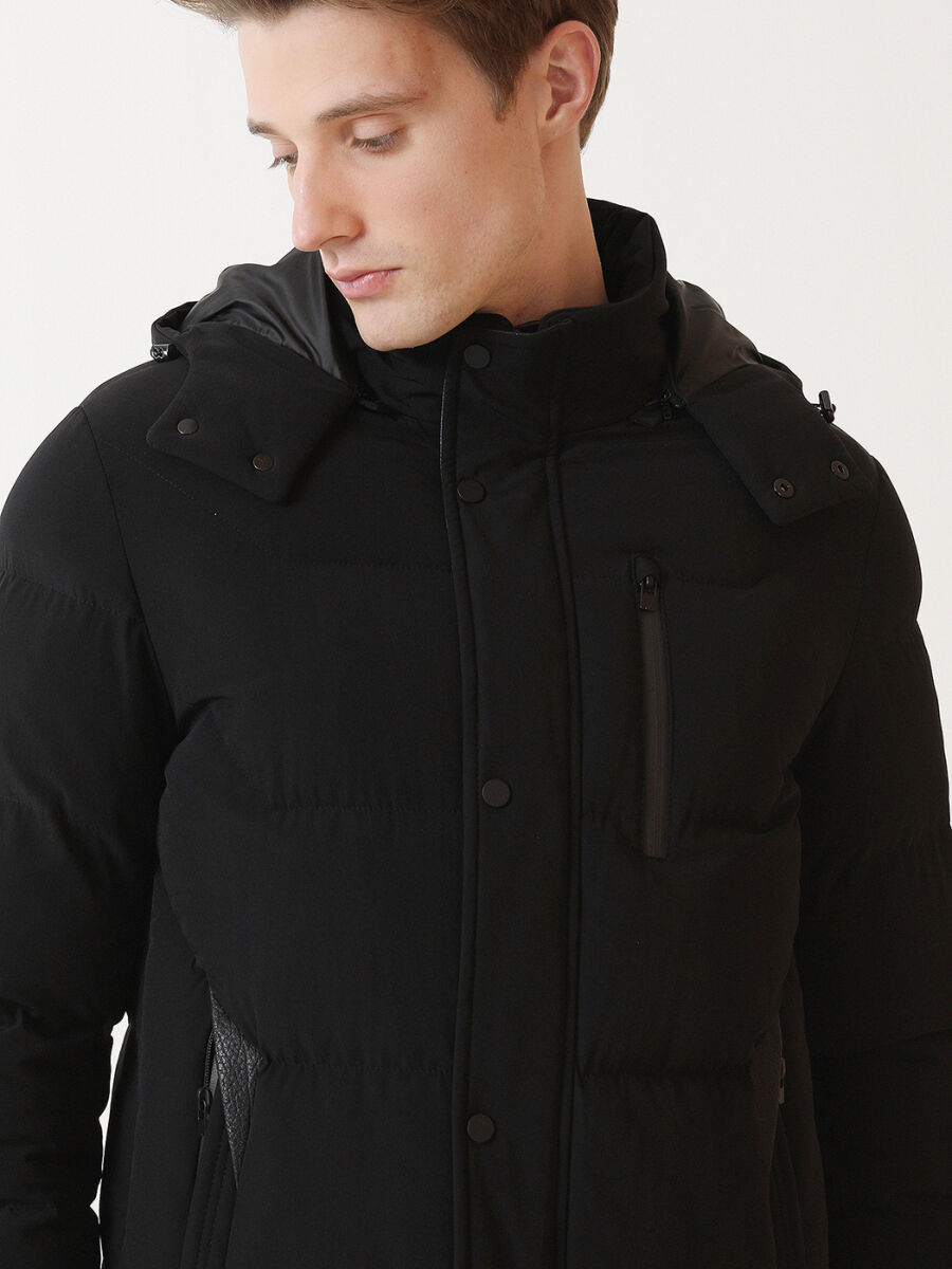 Siyah Regular Fit Kapüşonlu Casual Dokuma Kaban - 4