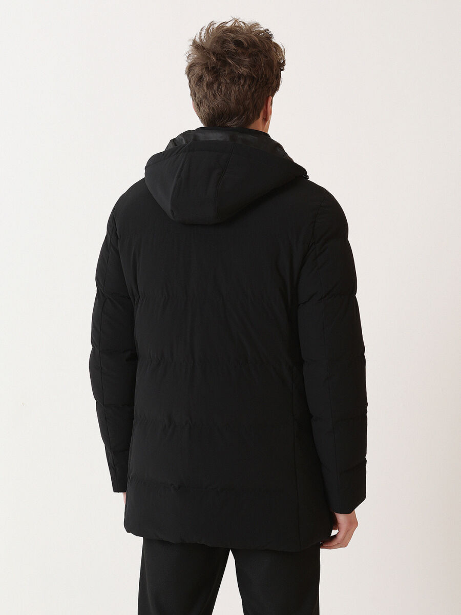 Siyah Regular Fit Kapüşonlu Casual Dokuma Kaban - 5