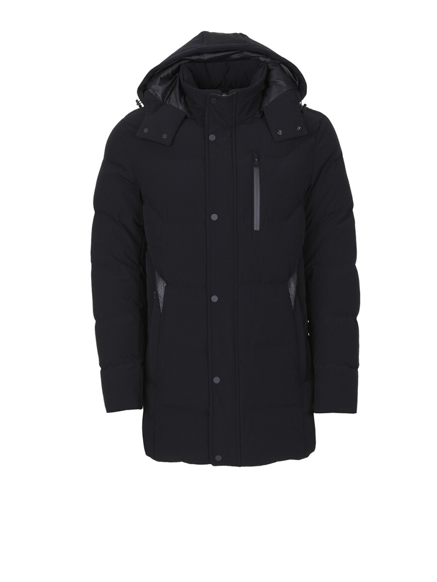 Siyah Regular Fit Kapüşonlu Casual Dokuma Kaban - 6