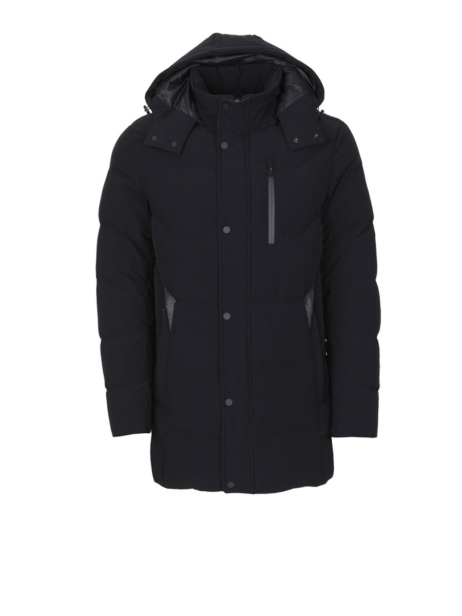 Siyah Regular Fit Kapüşonlu Casual Dokuma Kaban - 6