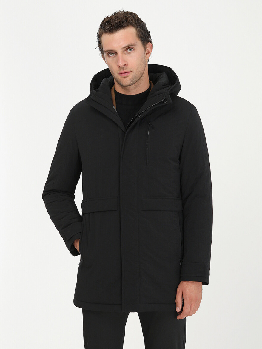 Siyah Regular Fit Kapüşonlu Casual Dokuma Kaban - 2